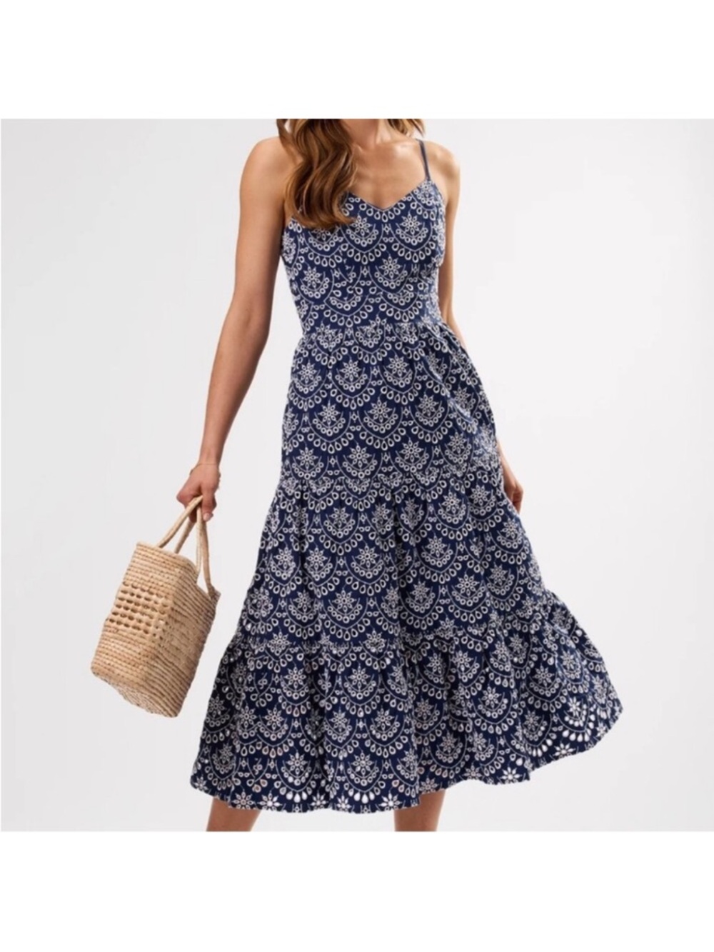 Amour vert - Navy Blue Printed Spaghetti-Strap Midi Dress eyelett NWT size XS